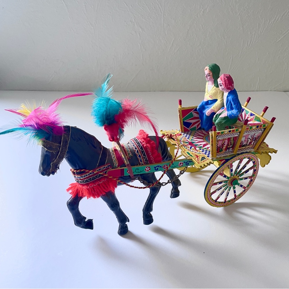 Vintage Sicilian Horse Drawn Carriage Cart Figurine Folk Art Carretto Siciliano